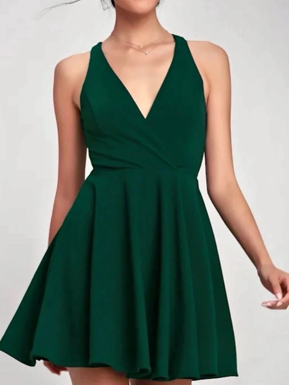 Lulus Wonder Whirl Dark Green Twist Back Skater Dress Small